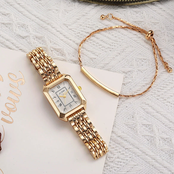 Women's Casual Alloy Case Stainless Steel Band Quartz Watch With Round Dial And Roman Scale