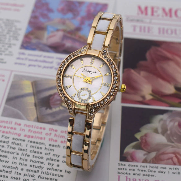 Women's Casual Alloy Ceramic Watch With Steel Band And Round Dial