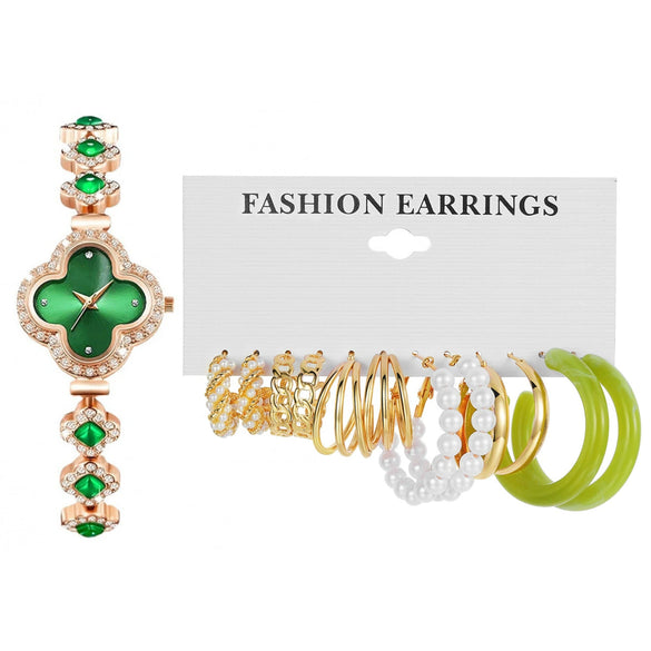 Women's Casual Alloy Gold Buckle Heart Shape Dial Allmatch Fourleaf Clover Bracelet Watch Earrings Set