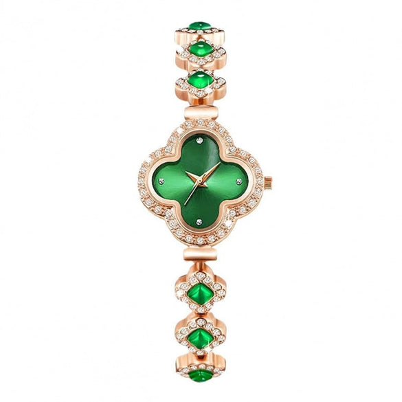 Women's Casual Alloy Gold Buckle Heart Shape Dial Allmatch Fourleaf Clover Bracelet Watch Earrings Set