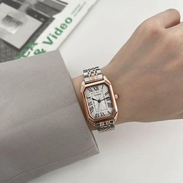 Women's Casual Classic Square Alloy Case Ordinary Glass Mirror Steel Band Literary Retro Roman Graduated Watch