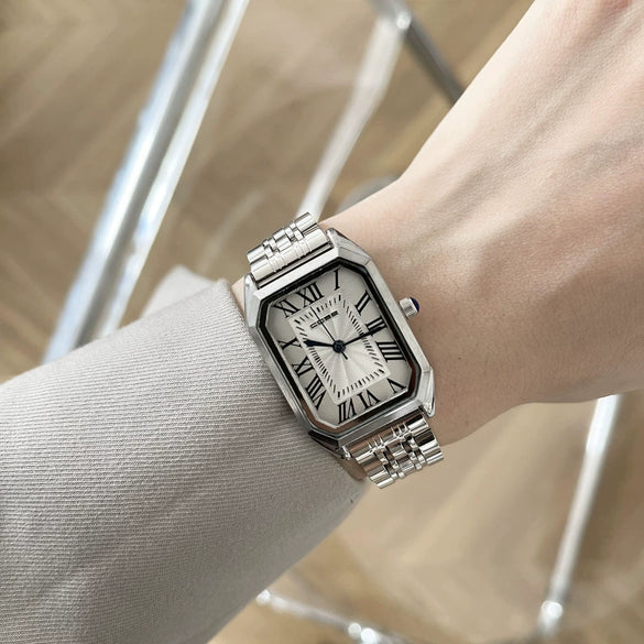 Women's Casual Classic Square Alloy Case Ordinary Glass Mirror Steel Band Literary Retro Roman Graduated Watch
