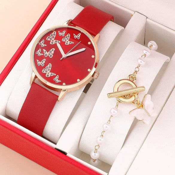Women's Casual Digital Watch Alloy Case Gold Buckle Imitation Leather Strap Round Dial