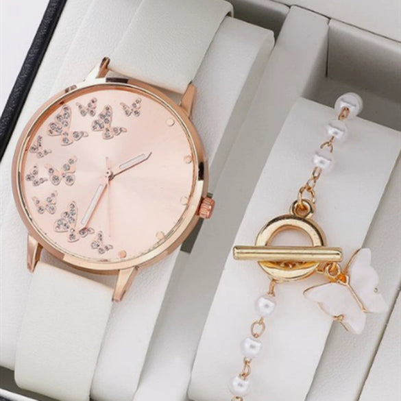 Women's Casual Digital Watch Alloy Case Gold Buckle Imitation Leather Strap Round Dial