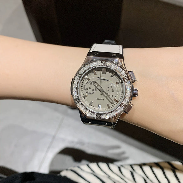 Women's Casual Fashion Round Disc Silicone Band Alloy Quartz Watch With Rhinestones