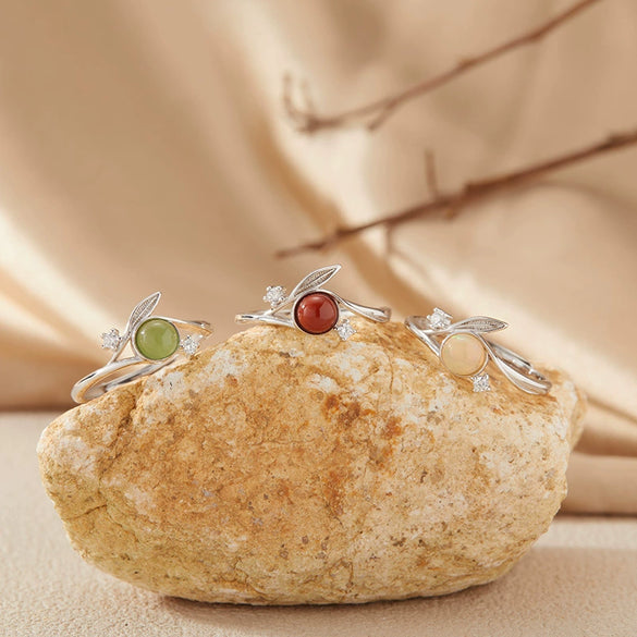 Women's Casual Leaf Style Ring Set With Natural Gemstones In S925 Sterling Silver