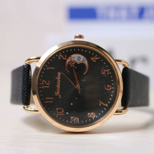 Women's Casual Leather Strap Watch With Moon Pattern Metal Case Stainless Steel Clasp Pu Strap Round Dial