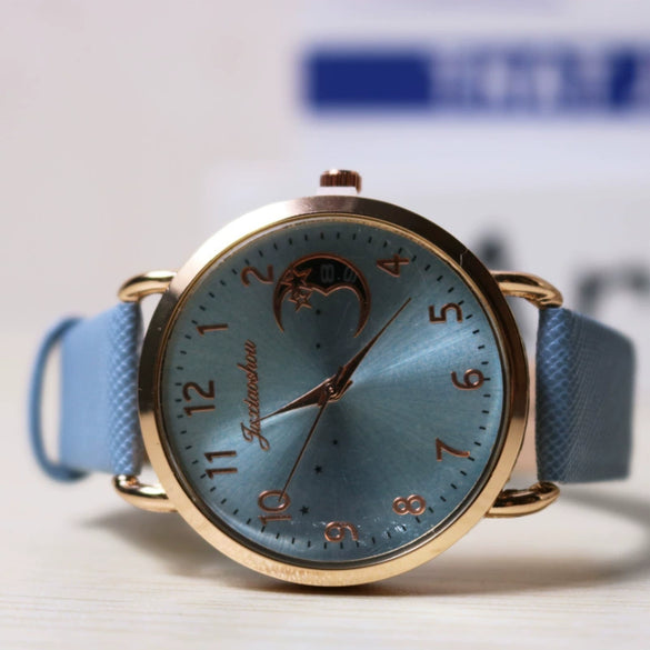 Women's Casual Leather Strap Watch With Moon Pattern Metal Case Stainless Steel Clasp Pu Strap Round Dial