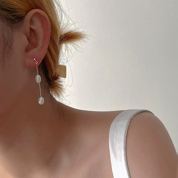 Women's Casual Long Tassel Freshwater Pearl Earrings Copper S925 Silver Needle Geometric Electroplating Design