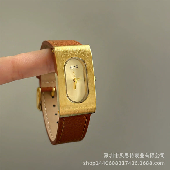 Women's Casual Metal Case Rectangular Dial Genuine Leather Strap Watch