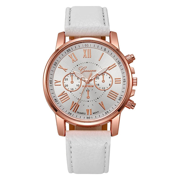 Women's Casual Plastic Case Imitation Leather Belt Round Dial Quartz Watch