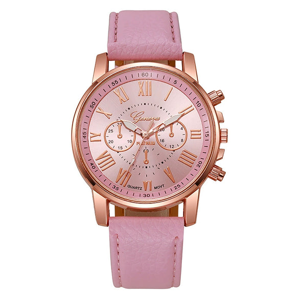 Women's Casual Plastic Case Imitation Leather Belt Round Dial Quartz Watch