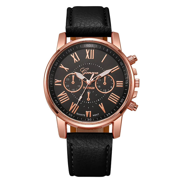 Women's Casual Plastic Case Imitation Leather Belt Round Dial Quartz Watch