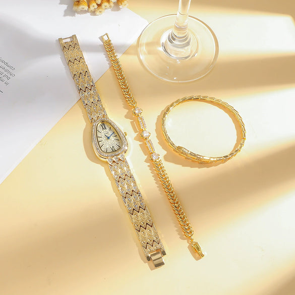 Women's Casual Quartz Watch And Bracelet Set With Snake Head Design Alloy Material Round Dial And Luminous Diamonds