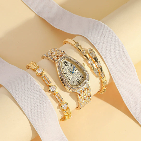 Women's Casual Quartz Watch And Bracelet Set With Snake Head Design Alloy Material Round Dial And Luminous Diamonds