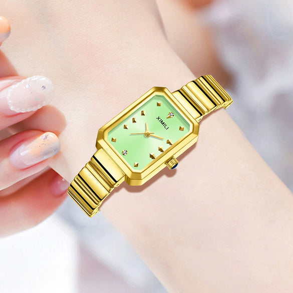 Women's Casual Quartz Watch With Alloy Case Bamboo Strap And Rectangle Dial