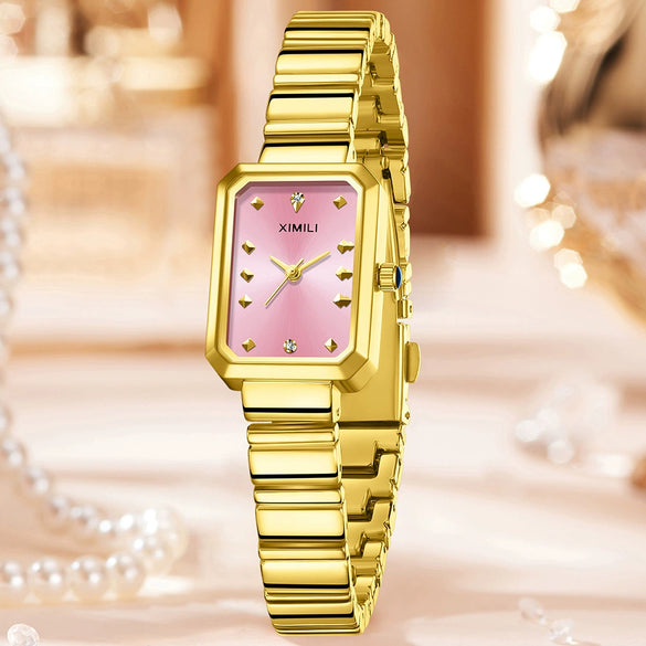Women's Casual Quartz Watch With Alloy Case Bamboo Strap And Rectangle Dial