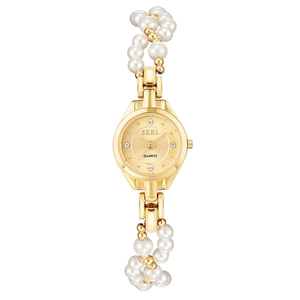 Women's Casual Round Dial Alloy Case Pearl Bracelet Watch With Stainless Steel Jewelry Buckle