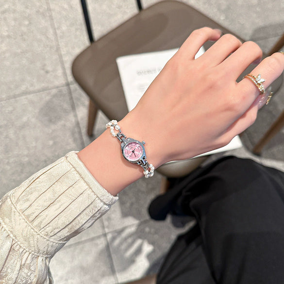Women's Casual Round Dial Alloy Case Pearl Bracelet Watch With Stainless Steel Jewelry Buckle