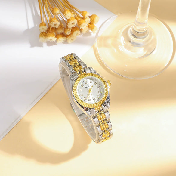 Women's Casual Round Diamond Dial Alloy Case Stainless Steel Band Watch
