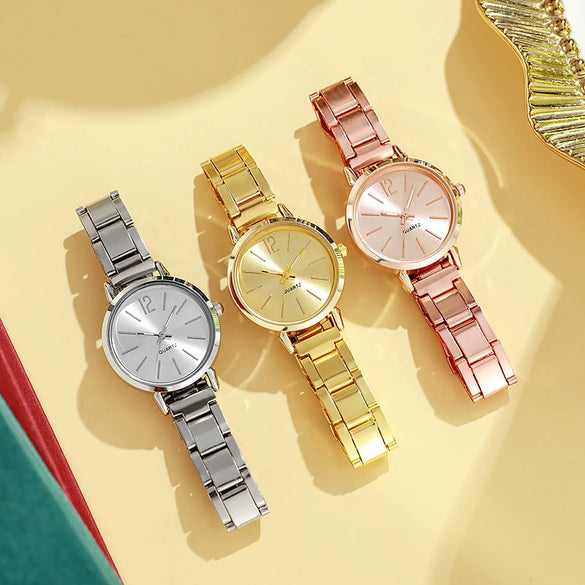 Women's Casual Simple Round Quartz Watch With Stainless Steel Belt And Alloy Case