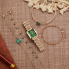 Women's Casual Square And Round Alloy Belt Emerald Quartz Watch And Diamond Flower Bracelet Set