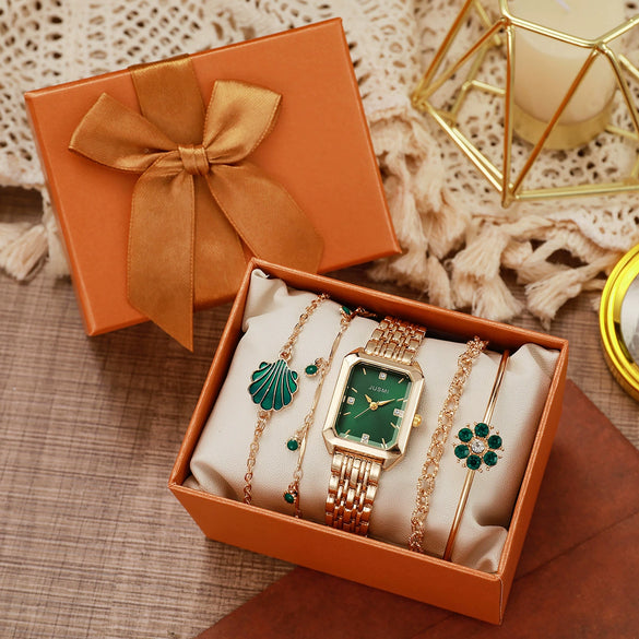 Women's Casual Square And Round Alloy Belt Emerald Quartz Watch And Diamond Flower Bracelet Set