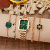 Women's Casual Square And Round Alloy Belt Emerald Quartz Watch And Diamond Flower Bracelet Set