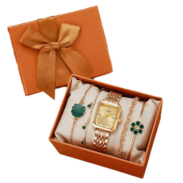 Women's Casual Square And Round Alloy Belt Emerald Quartz Watch And Diamond Flower Bracelet Set