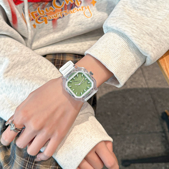 Women's Casual Square Silicone Band Alloy Case Stainless Steel Buckle Quartz Watch