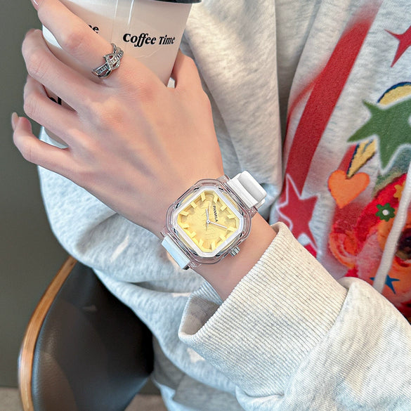 Women's Casual Square Silicone Band Alloy Case Stainless Steel Buckle Quartz Watch