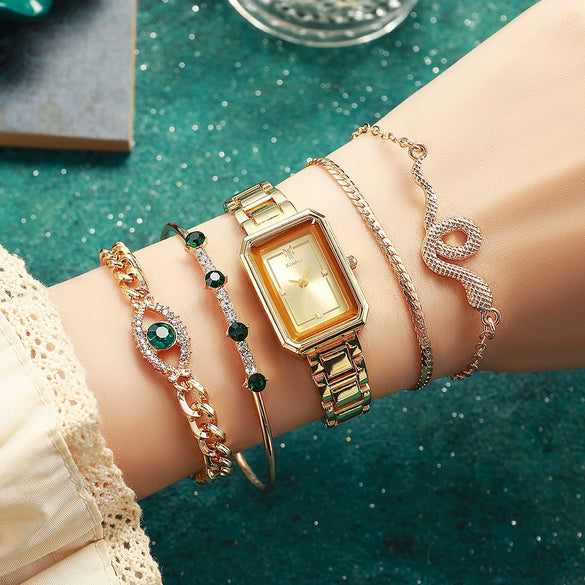 Women's Casual Square Steel Band Watch With Emerald Rhinestone Snake Eye Design Zinc Alloy Case And Alloy Strap