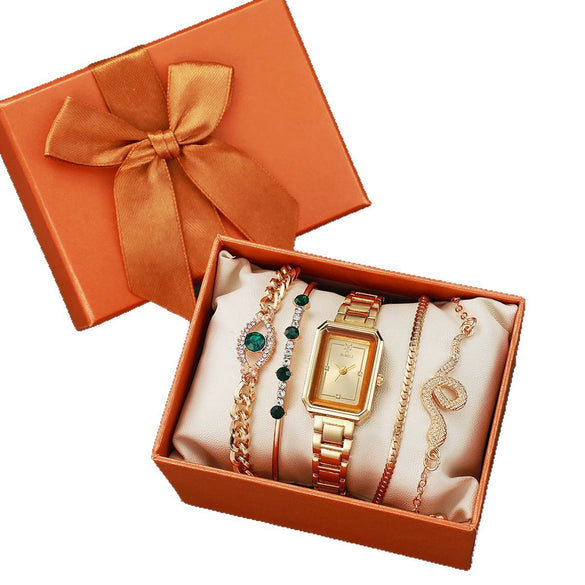 Women's Casual Square Steel Band Watch With Emerald Rhinestone Snake Eye Design Zinc Alloy Case And Alloy Strap