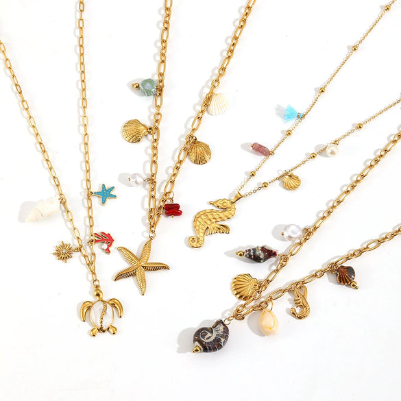 Women's Casual Stainless Steel Necklace With Marine Elements Animal Zodiac Pattern Electroplated Cross Chain