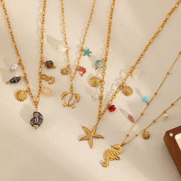 Women's Casual Stainless Steel Necklace With Marine Elements Animal Zodiac Pattern Electroplated Cross Chain