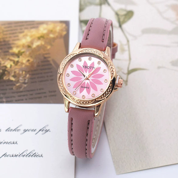 Women's Casual Student Quartz Belt Watch Diamondencrusted Sun Pattern Alloy Buckle Imitation Leather Strap Round Dial