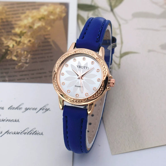 Women's Casual Student Quartz Belt Watch Diamondencrusted Sun Pattern Alloy Buckle Imitation Leather Strap Round Dial