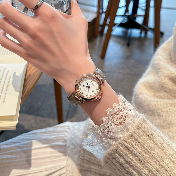 Women's Casual Vintage Watch With Diamondencrusted Alloy Case Stainless Steel Buckle Genuine Leather Strap Round Dial