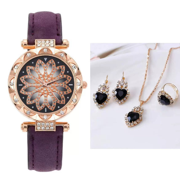 Women's Casual Watch Bracelet Suit Alloy Case Imitation Leather Strap Round Dial