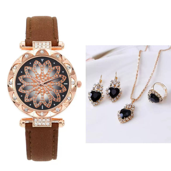 Women's Casual Watch Bracelet Suit Alloy Case Imitation Leather Strap Round Dial