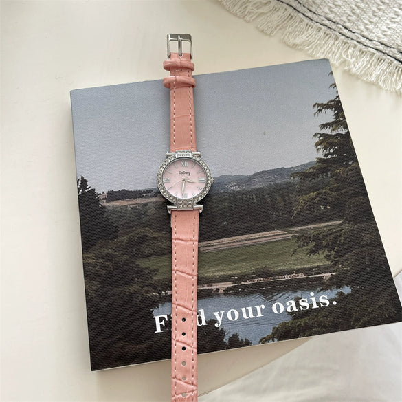 Women's Casual Watch With Round Dial Imitation Leather Strap Metal Case And Stainless Steel Buckle