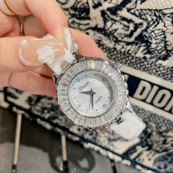 Women's Ceramic Quartz Waterproof Fashionable Round Dial Watch With Spiral Crown And Butterfly Double Snaps Clasp