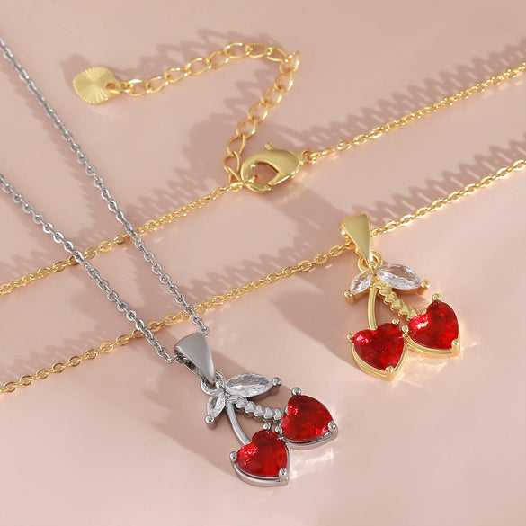 Women's Cherry Fruit Shape Copper O Word Chain Necklace Light Luxury Niche Style With Electroplating