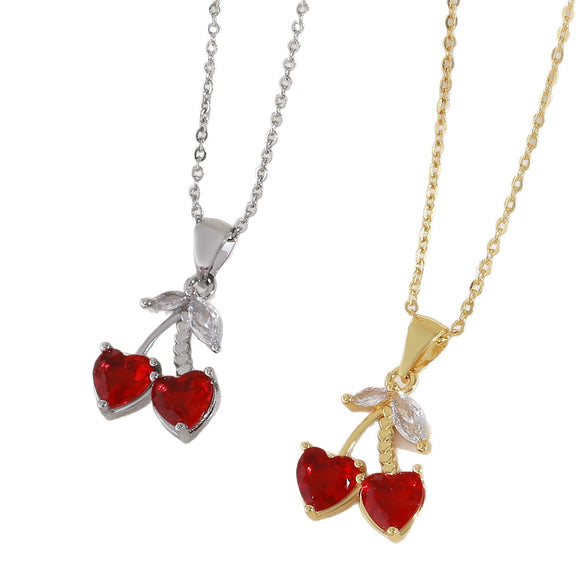 Women's Cherry Fruit Shape Copper O Word Chain Necklace Light Luxury Niche Style With Electroplating