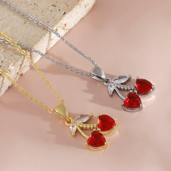Women's Cherry Fruit Shape Copper O Word Chain Necklace Light Luxury Niche Style With Electroplating