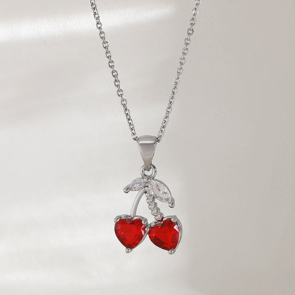 Women's Cherry Fruit Shape Copper O Word Chain Necklace Light Luxury Niche Style With Electroplating