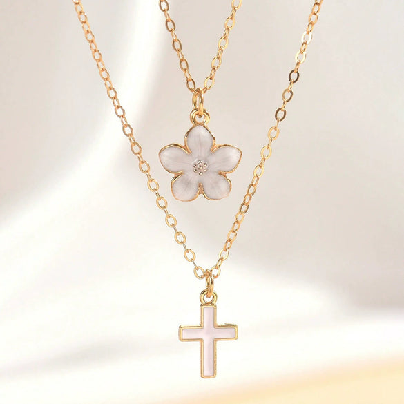 Women's Chic Alloy Cross Pendant Layered Necklace With Cherry Blossom Pattern Geometric O Chain Electroplated Fashion Jewelry