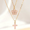 Women's Chic Alloy Cross Pendant Layered Necklace With Cherry Blossom Pattern Geometric O Chain Electroplated Fashion Jewelry