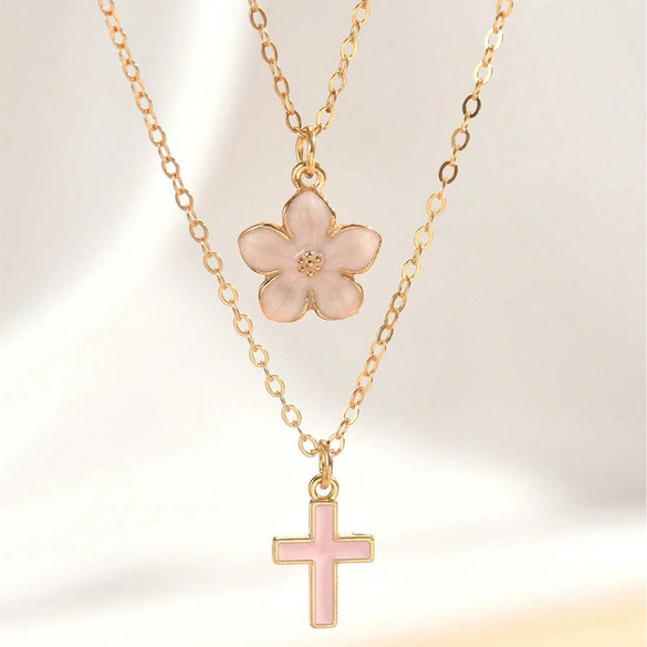 Women's Chic Alloy Cross Pendant Layered Necklace With Cherry Blossom Pattern Geometric O Chain Electroplated Fashion Jewelry