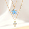Women's Chic Alloy Cross Pendant Layered Necklace With Cherry Blossom Pattern Geometric O Chain Electroplated Fashion Jewelry
